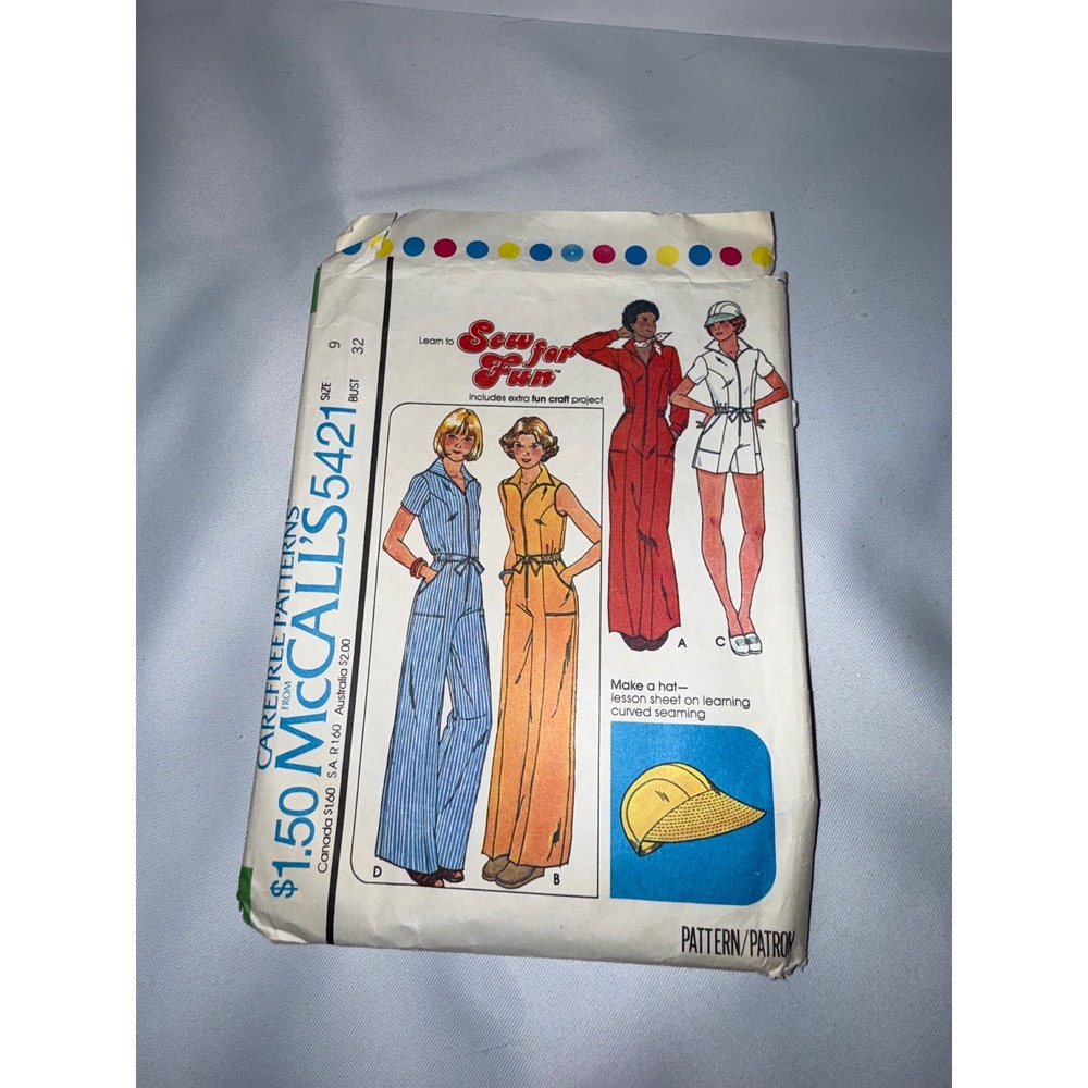 Vintage 70s McCalls 5421 Jumpsuit Romper Sun Hat Sewing Pattern Junior 9 Bust 32
